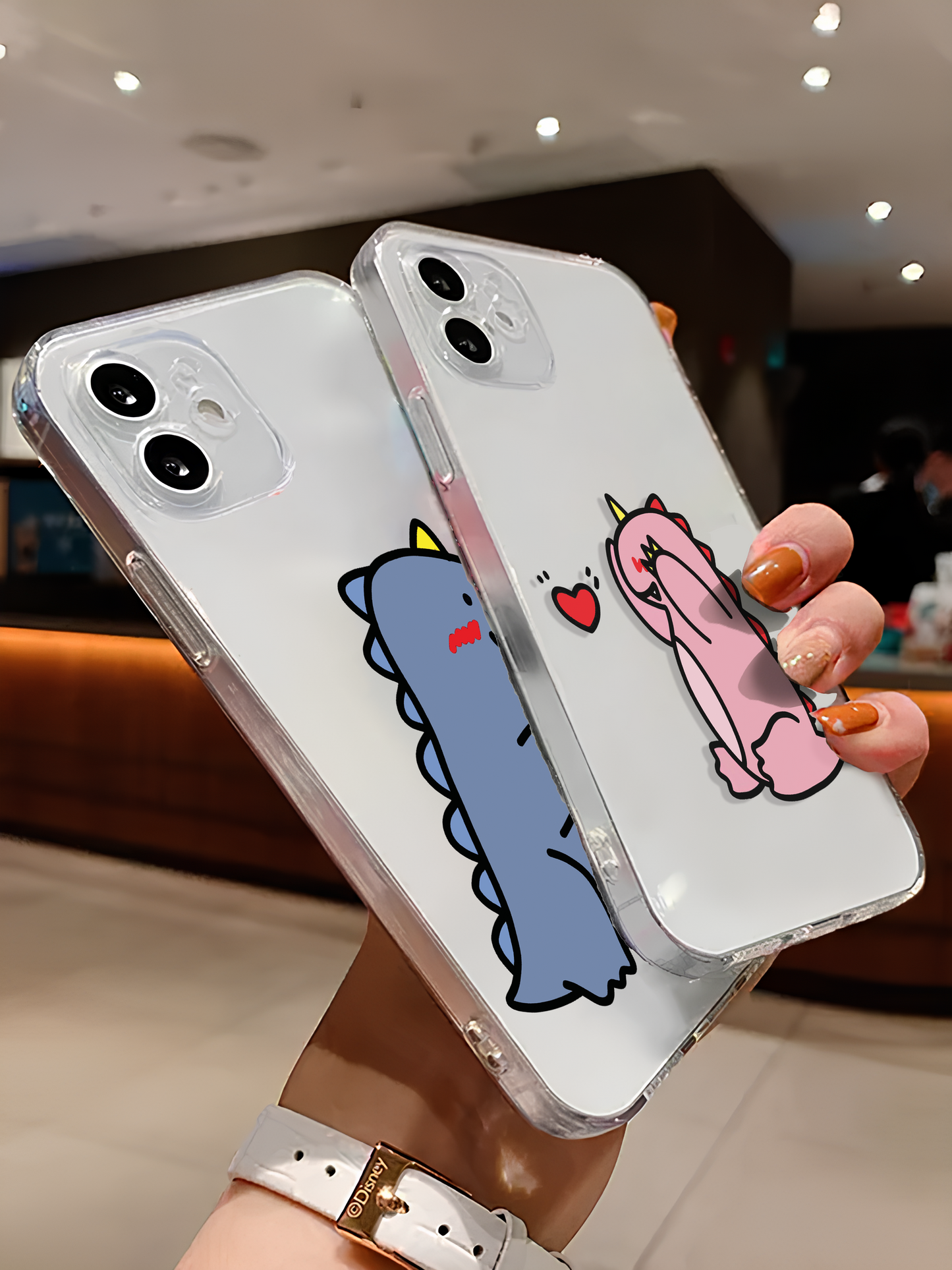 Dino Love Cartoon Couple Transparent Silicone Phone Case