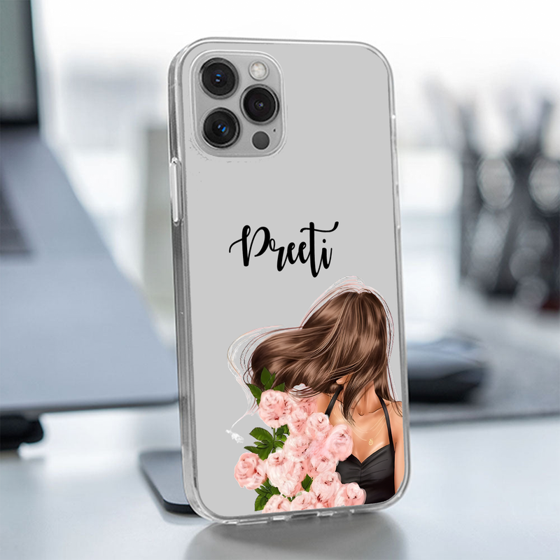 Pink Rose Stylish Hair Girl Custom Name Transparent Silicone Phone Case