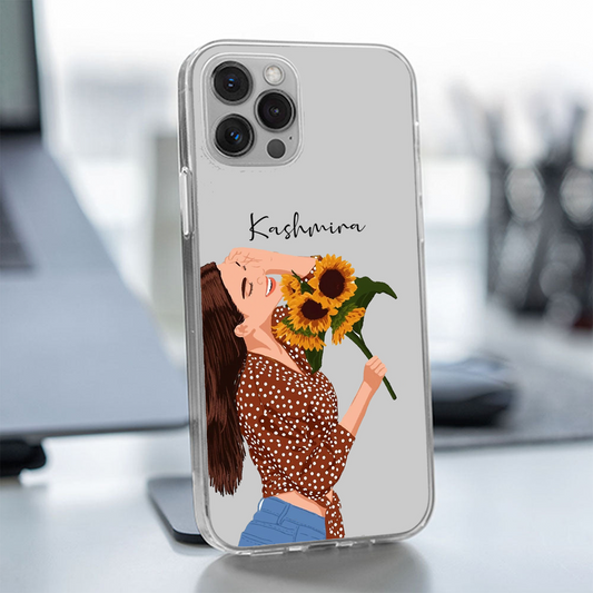 Sunflower Printed Dress Girl Custom Name Transparent Silicone Phone Case