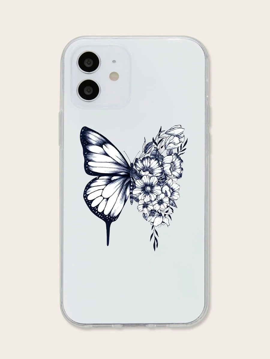 Pink White Butterfly Transparent Silicone Phone Case