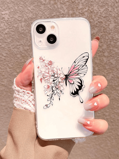 Pink White Butterfly Transparent Silicone Phone Case