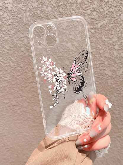 Pink White Butterfly Transparent Silicone Phone Case