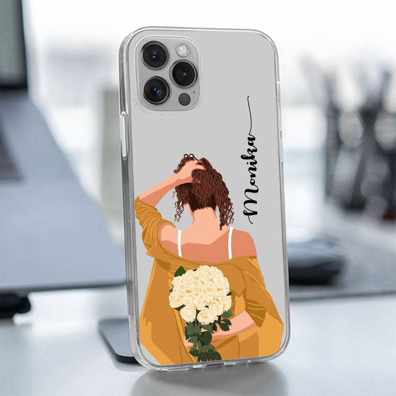 Pink Rose Back Girl Custom Name Transparent Silicone Phone Case