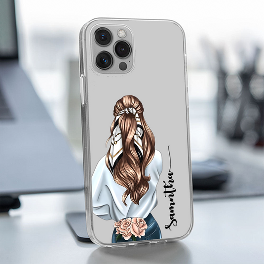 Curly Hair Girl Custom Name Transparent Silicone Phone Case