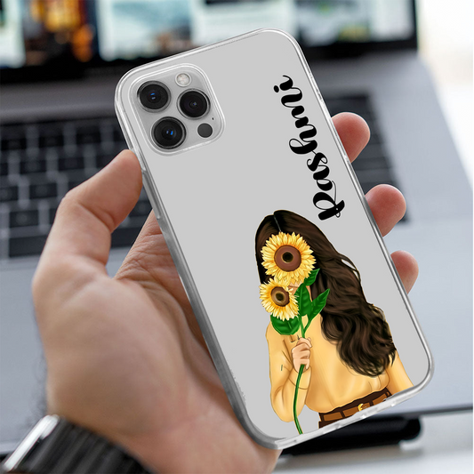 Girl Sunflower Custom Name Transparent Silicone Phone Case