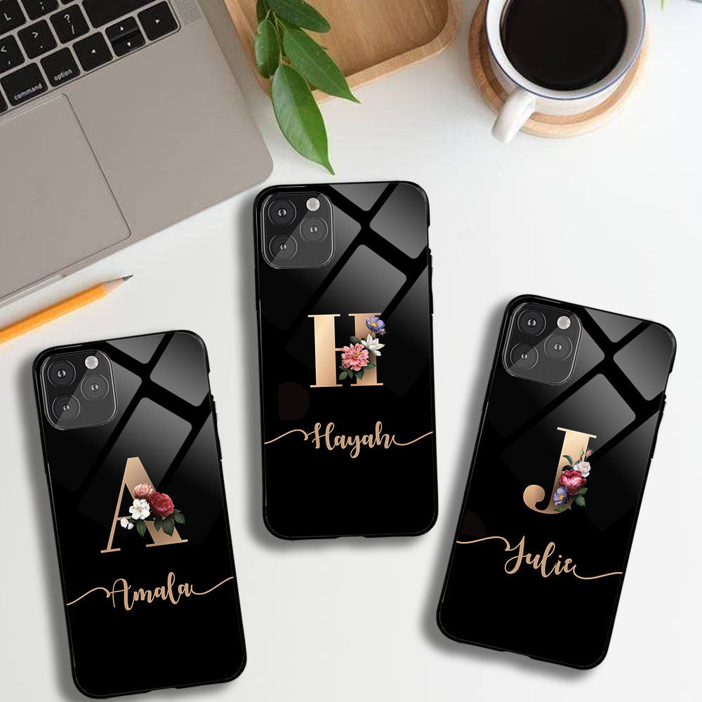 Floral Initial Name Glass Phone Case