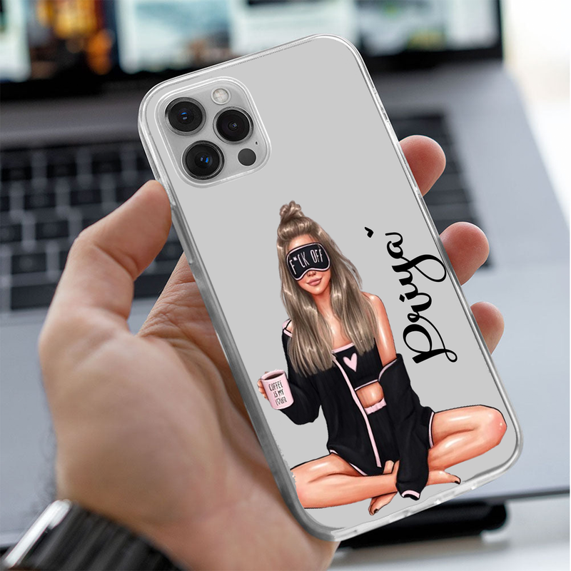 Late Night Coffee Girl Custom Name Transparent Silicone Phone Case