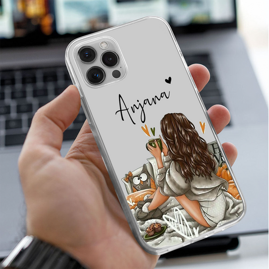 Girl with Mug Custom Name Transparent Silicone Phone Case