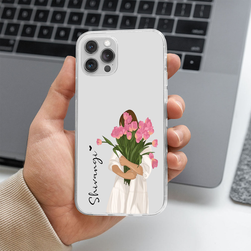 Pink Flowers  Girl Custom Name Transparent Silicone Phone Case