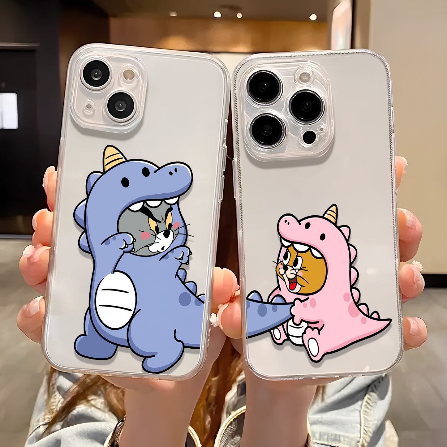 Dino Pattern Cute Cat & Mouse Clear Silicone Phone Case Cover